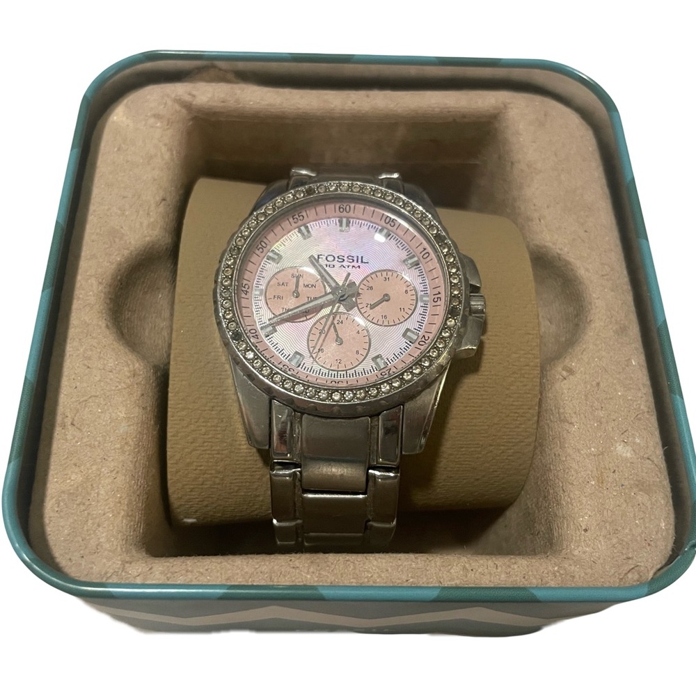Fossil Women's Silver Watch with Pink Dial and Crystal Accents
